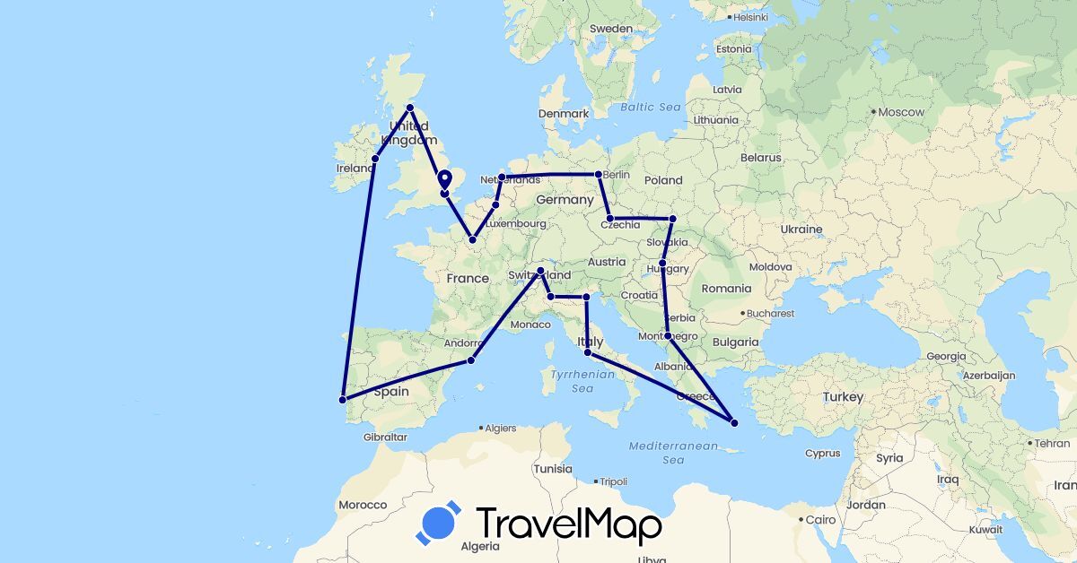 TravelMap itinerary: driving in Belgium, Czech Republic, Spain, France, United Kingdom, Greece, Hungary, Ireland, Italy, Montenegro, Poland, Vatican City (Europe)